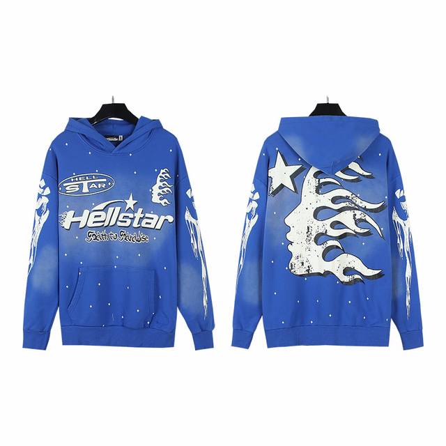 2002# 洗水蓝 实拍 Hellstar 地狱之星洗水做旧毛圈高街复古连帽卫衣 面料 380克纯棉毛圈布 颜色：洗水蓝 码数：S M L Xl