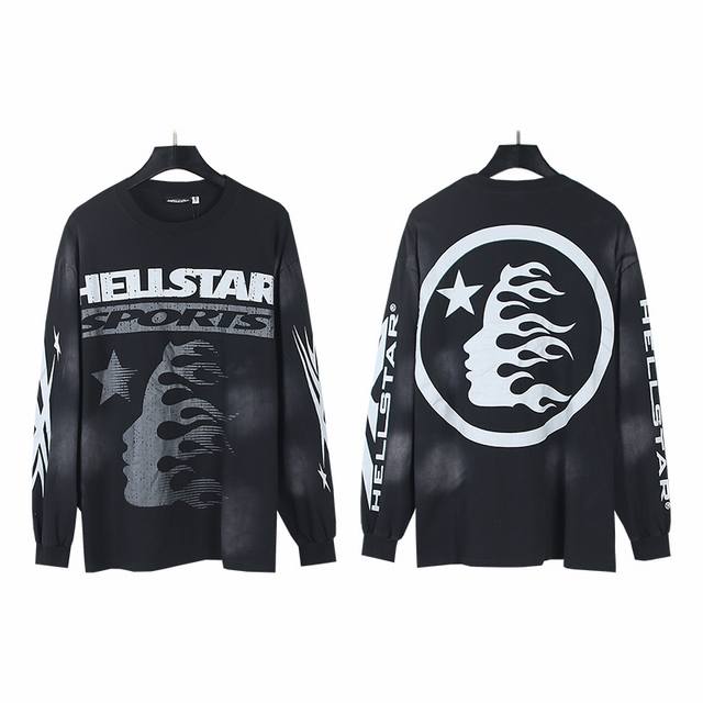 667# 实拍 Hellstar 地狱之星美潮做旧洗水纯棉宽松打底长袖T恤长T 面料：270克32支精棉双纱纯棉 颜色：黑色 码数：S M L Xl