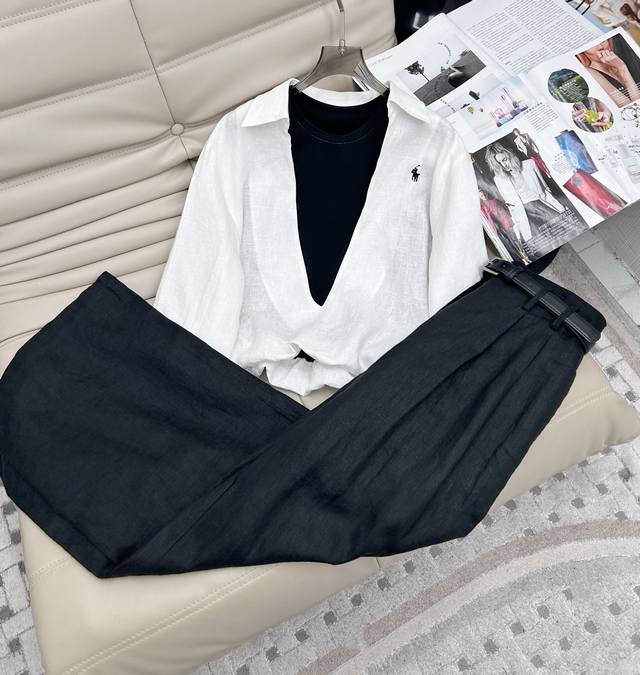 25Ss新款，亚麻系列上衣，轻质透气亲肤集于一身，气质休闲假两件上衣拼色设计更加有层次感 松紧腰头 包容性大 做旧面料，搭裤子或短裙都非常好看。码数Sml 2色