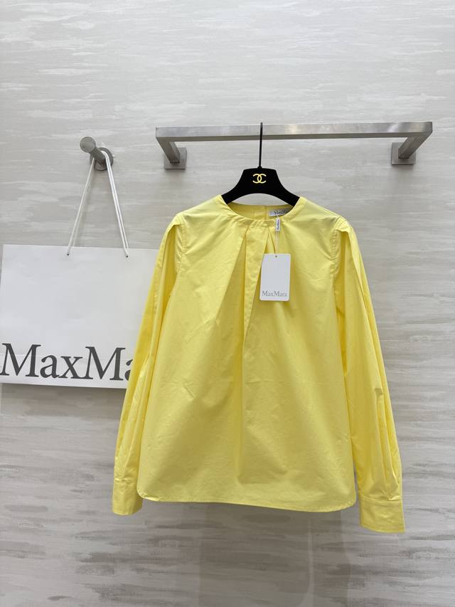 Max Mar2早秋新款 尖褶圆领长袖衬衣 亮眼柠檬黄色调 圆弧剪裁宽松版型上身超显瘦 后背包扣设计细节感 挺阔纯棉面料质感舒适透气 立体版型随性优雅风 日常时