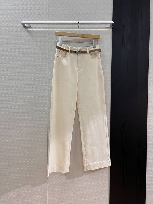 新款 Her扭锁腰带装饰直筒牛仔裤 阔腿裤宽松休闲 显瘦百搭 蓝色白色 Sml