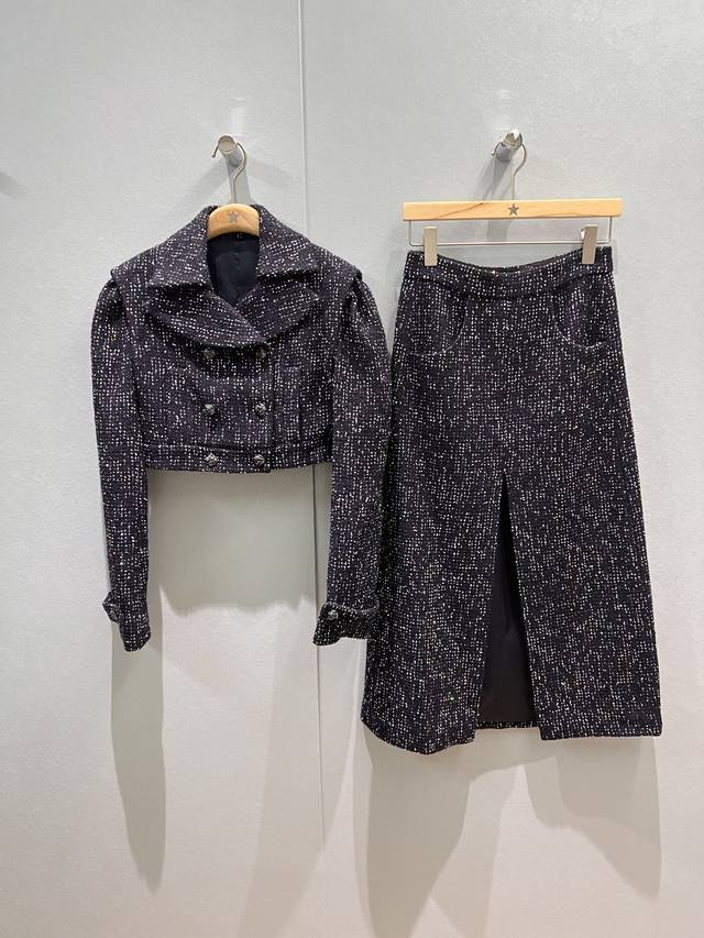 外套 半裙 新款走秀多明星同款 双排扣亮片粗花呢短款外套前开叉粗花呢半裙 镶嵌宝石扣名媛气质 优雅通勤 财阀千金 Sml