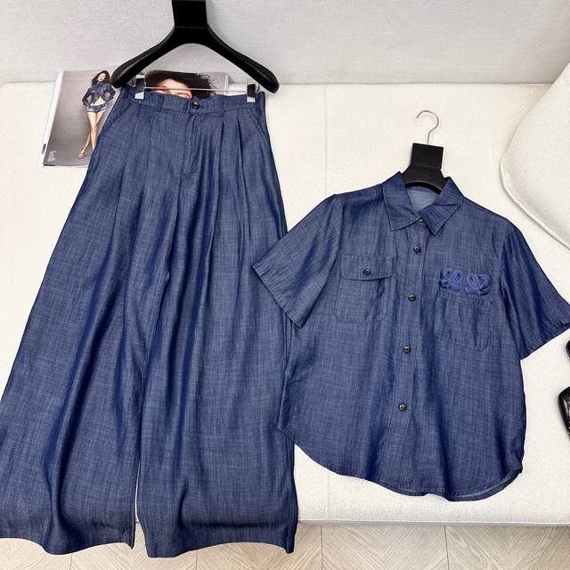 衬衫 长裤 人手必备百搭套装 Loe 25Ss 春夏最新款休闲天丝牛仔套装宽松短袖衬衫+直筒裤 天丝牛仔面料轻薄质感很适合夏日穿搭 特别好看 一套搭配三七比例感