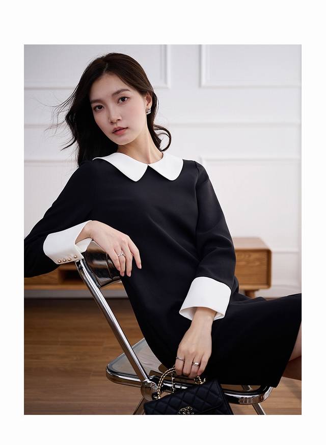 连衣裙 Max高品新品女装优雅宽松时尚气质显瘦高级感撞色长袖连衣裙，黑白双拼 法式鎏金扣！面料：复合Tr时装料，里布50D超柔四面弹；黑色四码Smlxl M码胸