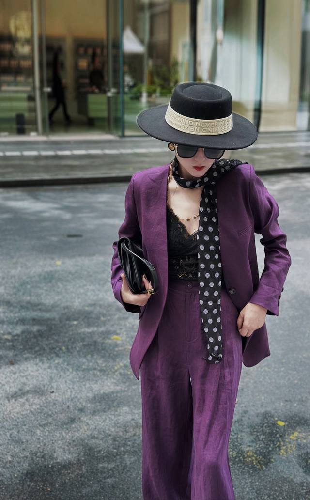 套装 简约帅气100%亚麻西装外套+直筒裤套装配丝巾白色 紫色4码S--ＸＬ