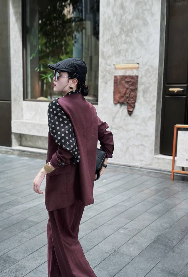 外套 简约帅气100%亚麻西装外套配丝巾酒红 杏色S--ＸＬ