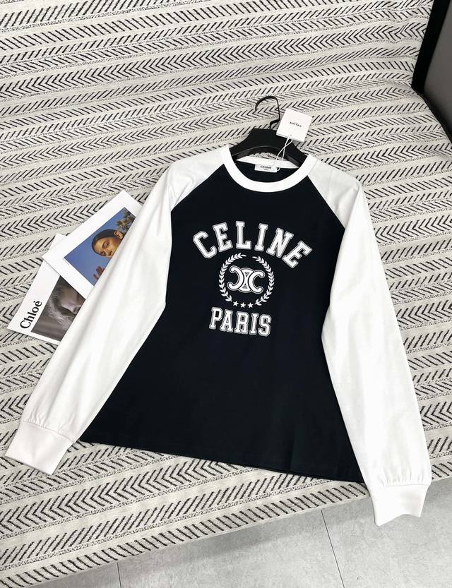 25Ss 秋冬新款 Celine插肩拼色简约凯旋门字母图案T恤！ 强烈推荐热卖款！ 做工品质看细节 Color：黑色 Size：Sml