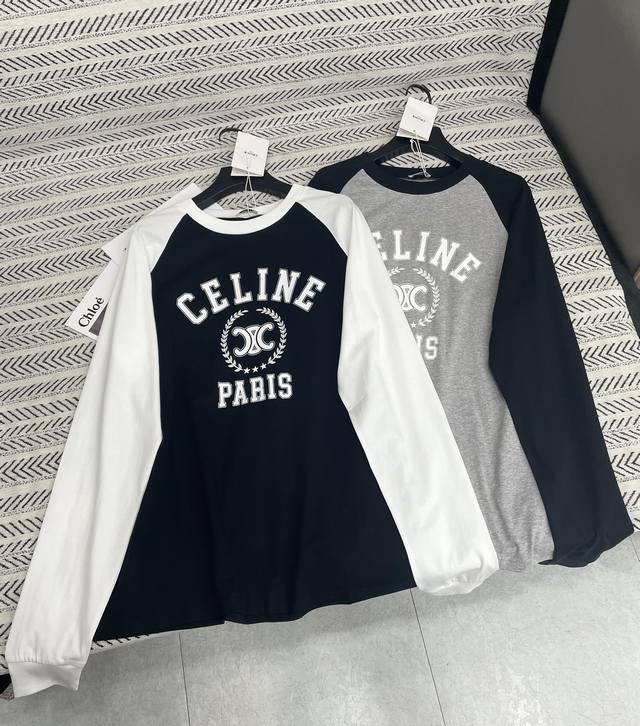 25Ss 秋冬新款 Celine撞色袖凯旋门字母印花长袖T恤！ 强烈推荐热卖款！ 做工品质看细节 Color：黑色 灰色 Size：Sml