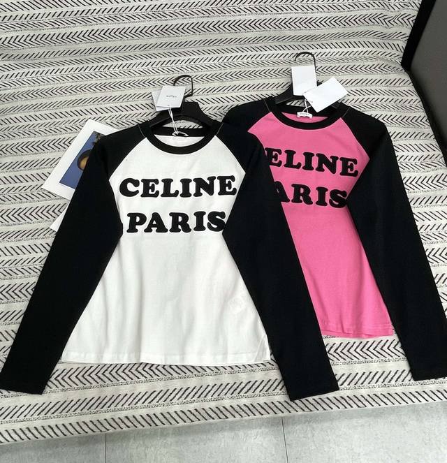 25Ss 秋冬新款 Celine插肩拼色刺绣字母长袖棉T恤！ 强烈推荐热卖款！ 做工品质看细节 Color：白 玫红 Size：Sml