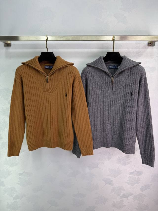 拉夫Ralph Lauren*2025新品上架 拉链针织毛衣 定制Yb羊绒羊毛纱线织造 细腻柔软 舒适透气 翻领拉链针织套头毛衣 半开襟大翻领边点缀细腻螺纹坑条