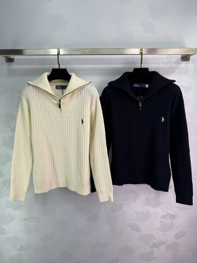 拉夫Ralph Lauren*2025新品上架 拉链针织毛衣 定制Yb羊绒羊毛纱线织造 细腻柔软 舒适透气 翻领拉链针织套头毛衣 半开襟大翻领边点缀细腻螺纹坑条