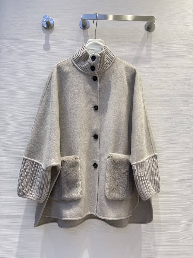 l Ss秋冬立领水貂外套！Oversize慵懒风 10%Cashmere 90%Wool 水貂拼接口袋 轻柔羊绒外套 Size：F
