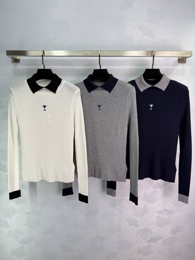 Dio*25早秋新款假两件针织衫 胸前小蜜蜂刺绣Logo 翻领设计 针织工艺精致 版型修身显瘦 尽显品牌高级格调 丰富设计层次 穿搭日常出行还是休闲娱乐 都能轻