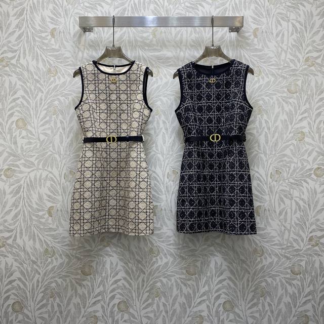 Di★ Fw 精致圆领撞色设计重工刺绣背心连衣裙 配送腰带 ，高级面料，颜色:图片2色，面料:刺绣花呢面料 Smlxl .