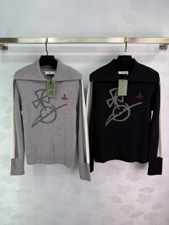 西太*2025早秋新款土星套头长袖毛衣！定制羊毛纱线织造 质感高级 舒适柔软 肌理明显 海军领长袖毛衣 突出温柔气质 领口袖口螺纹包边 胸前土星标识装饰 手袖拼