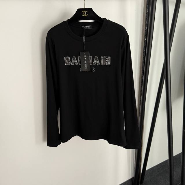 款号20255285 Balmai*新款 烫钻Logo字母长袖T恤，白色，黑色，灰色，Sml， M码；肩宽42，胸围98，袖长60，长63；重量：0.240Kg