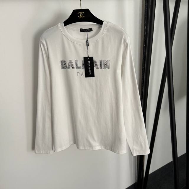 款号20255285 Balmai*新款 烫钻Logo字母长袖T恤，白色，黑色，灰色，Sml， M码；肩宽42，胸围98，袖长60，长63；重量：0.240Kg