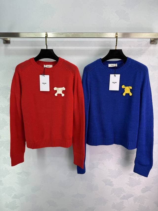 Celin*25秋冬新款针织圆领套头 插肩袖设计 手工编织品牌Logo装饰 简约时髦个性 尺码Sml。T226B.