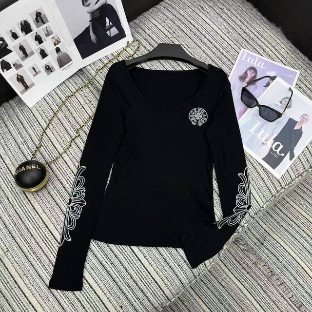 强烈推荐 25年早秋系列 克罗*新款烫钻Logo长袖T恤 两色Sml .