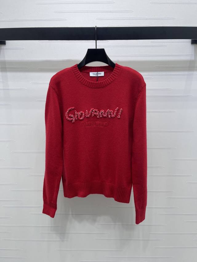 上新原单高端品质 Valentin*2025早秋最新系列！圆领钩花订珠毛衣！定制羊毛纱线织造 质感高级 舒适柔软 圆领长袖毛衣剪裁 密实针织御寒防风 领口袖口宽