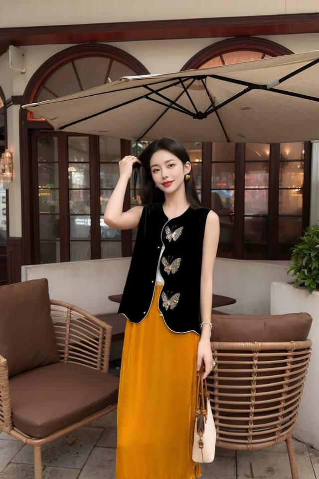 强推大爆款 重磅钉珠刺绣绝美丝绒马甲 丝绒材质带来独有的柔软与高级质感 轻触间满是温柔 灵动的蝴蝶刺绣 无袖的设计不仅方便叠穿更凸显手臂线条的优美 魅力值直接拉