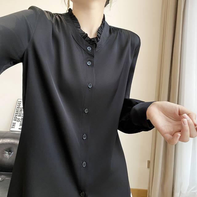 秋季新款极简风通勤木耳边19姆米高级感十足真丝双乔百搭衬衫，黑色 香槟 白色 S M L Xl