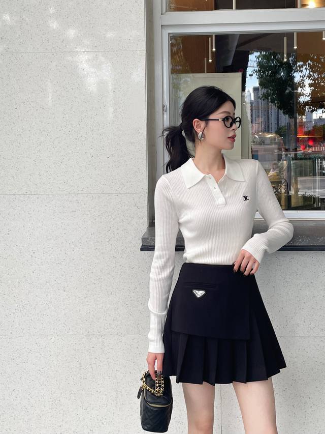 秋冬款 Celine 赛琳 polo翻领毛衣学院风长袖针织衫 修身显瘦弹性超大 颜色：湛蓝，灰，白 码数：Smlxl