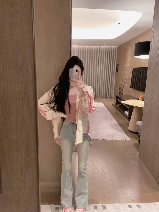 巴*莉 Bbr口袋战马刺绣拼色格子衬衫 杏色 蓝色
