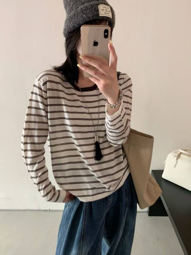 秋款上新33羊毛条纹后开叉长袖上衣 均码