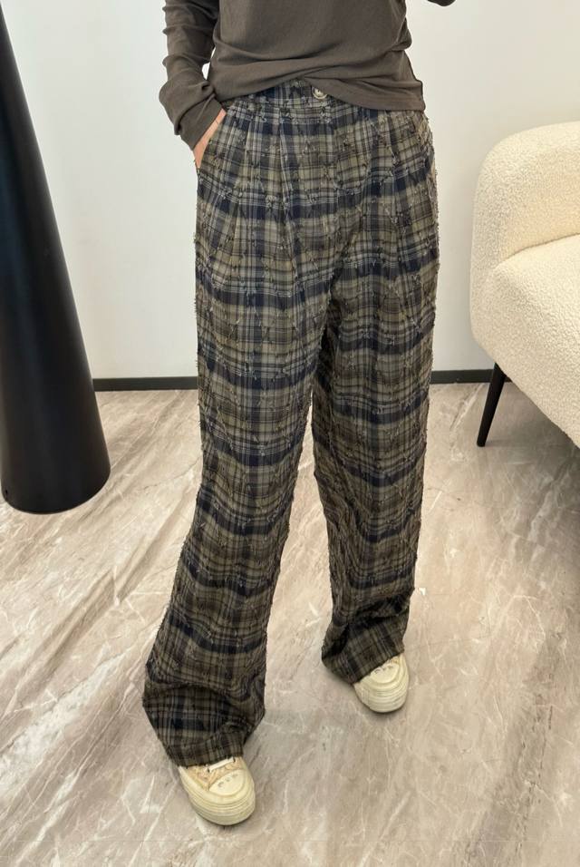 25秋冬上新 复古格子半松紧腰阔腿直筒裤 两色 藏青色，军绿色 S- Xl