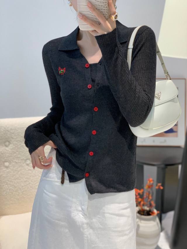 假两件刺绣翻领长袖针织开衫休闲显瘦减龄上衣 均码 细羊毛