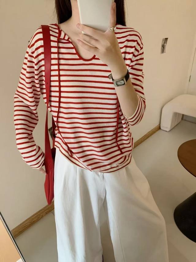 松弛感天丝条纹系带T恤宽松垂感小V领长袖 均码 细羊毛