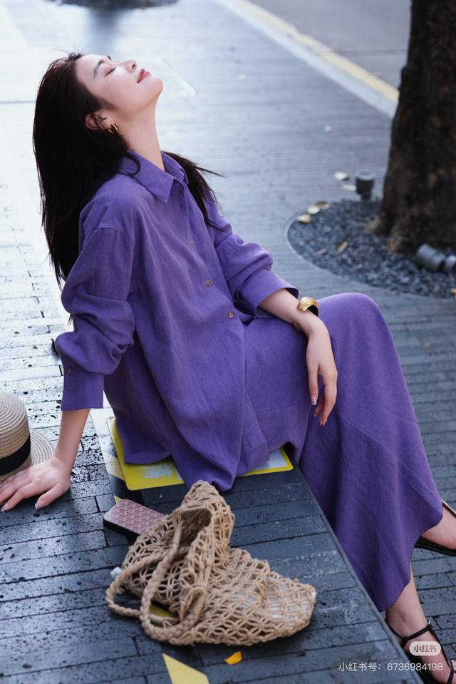 重磅100%亚麻套装！下摆定制工艺！巨爆款！主推怒推！老钱风套装！春新款松弛感慵懒风廓形衬衫半裙套装，2色紫色，白色Smlxl