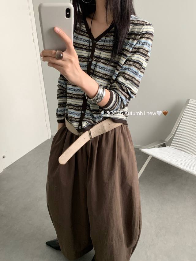 新款33羊毛条纹风开衫