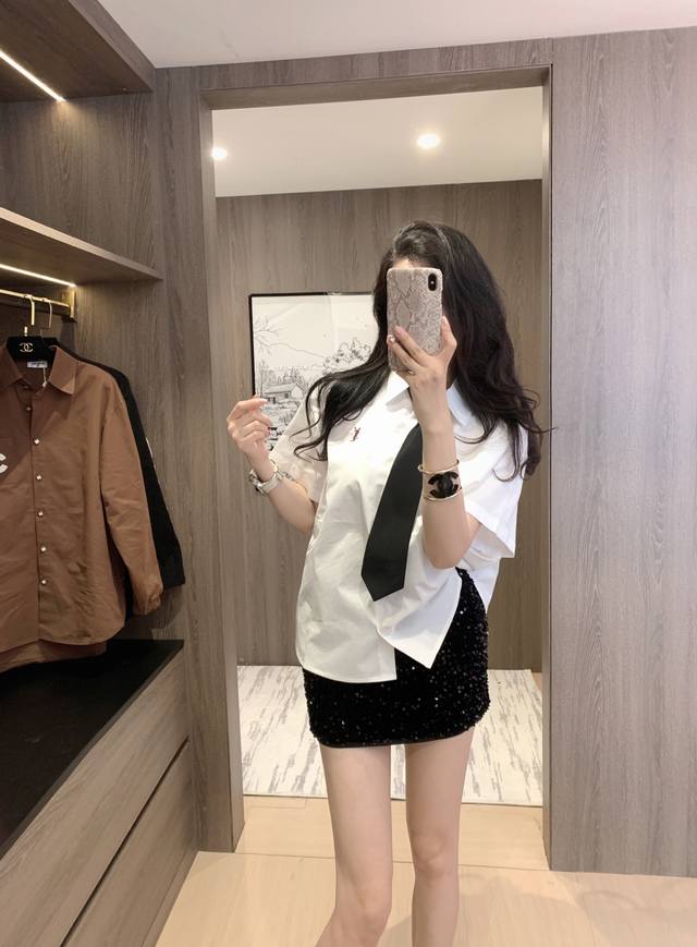 25Ss新款Saint Laurent*刺绣字母衬衣～独家设计款，男友风领带衬衣 ，模特上身均为大货实拍，Sml，配领带