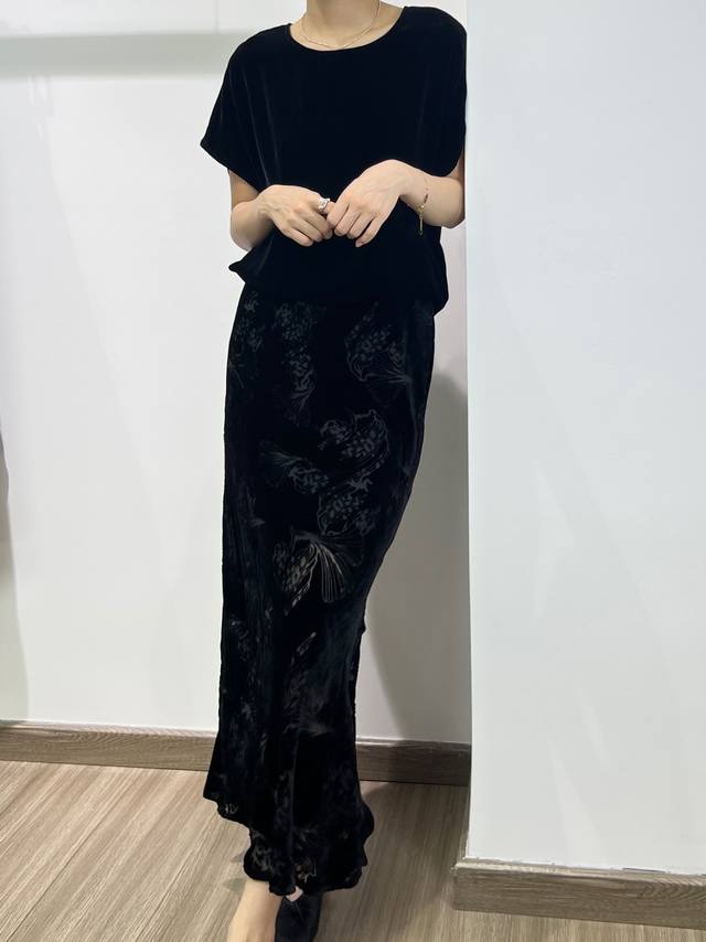 银杏花真丝丝绒斜裁半裙 Smlxl