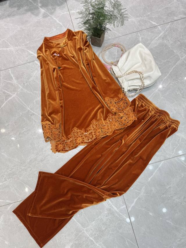 新中式国风丝绒套装绣花工艺 颜色: 黑色 橘色 S～Xxl