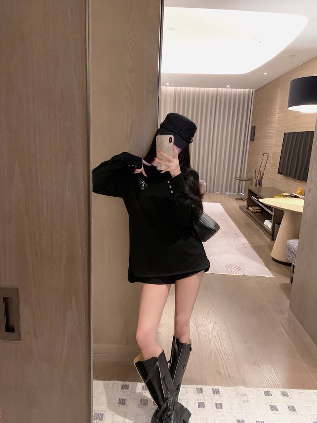 克罗* Ch定制五金配件重工十字架皮标圆领长袖T恤 白色 黑色