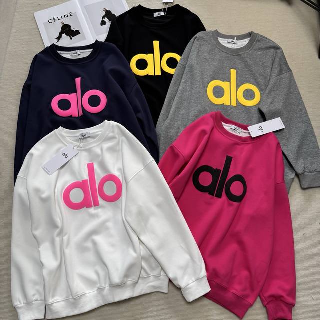Alo泡泡字母卫衣宽松运动休闲套头卫衣 黑 蓝 灰 白 火龙果红5色均码