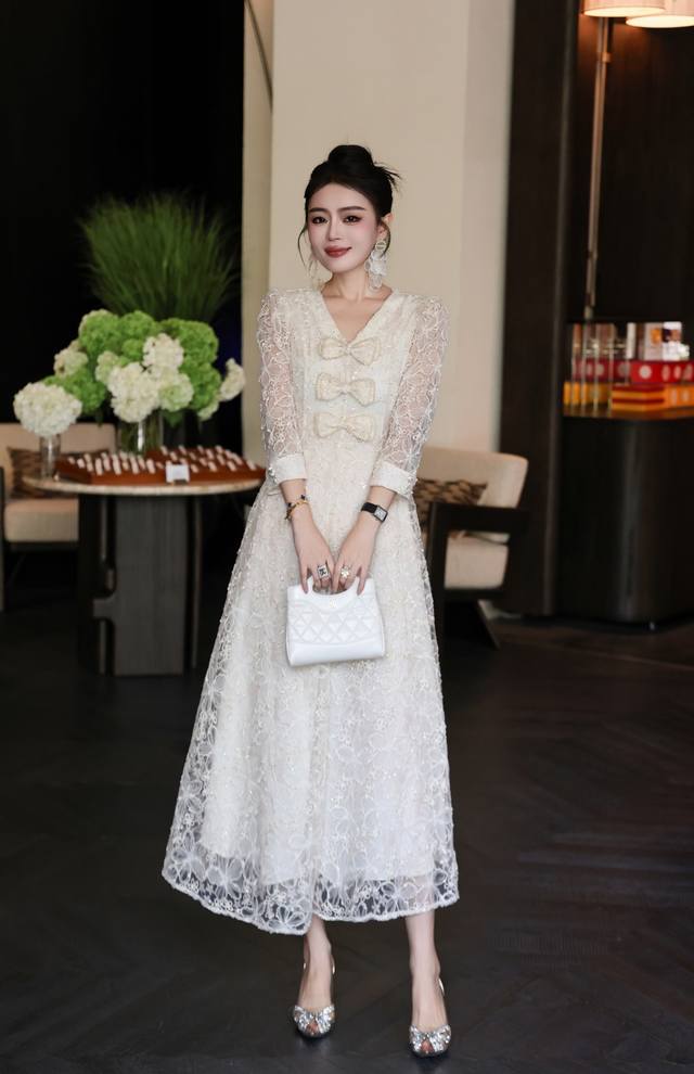 法式高定波斯菊绣花订珠礼服连衣裙 杏色 绿色S~Xxl