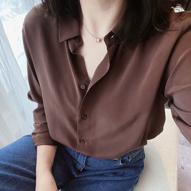 早秋上新 专柜新色摩卡色超级火爆～10拿10补 Eq专柜同款新丝滑砂洗桑蚕丝长袖衬衫 S-Xl