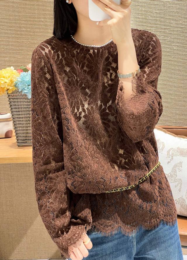 蕾丝水溶花打底外穿上衣，睫毛花边定位，两色：咖色，黑色，S Xl
