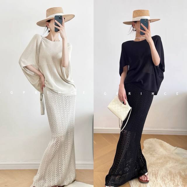 慵懒随性！时髦高级感度假穿搭亚麻短袖斗篷宽松蝙蝠袖套头针织衫半裙套装 亮片细羊毛