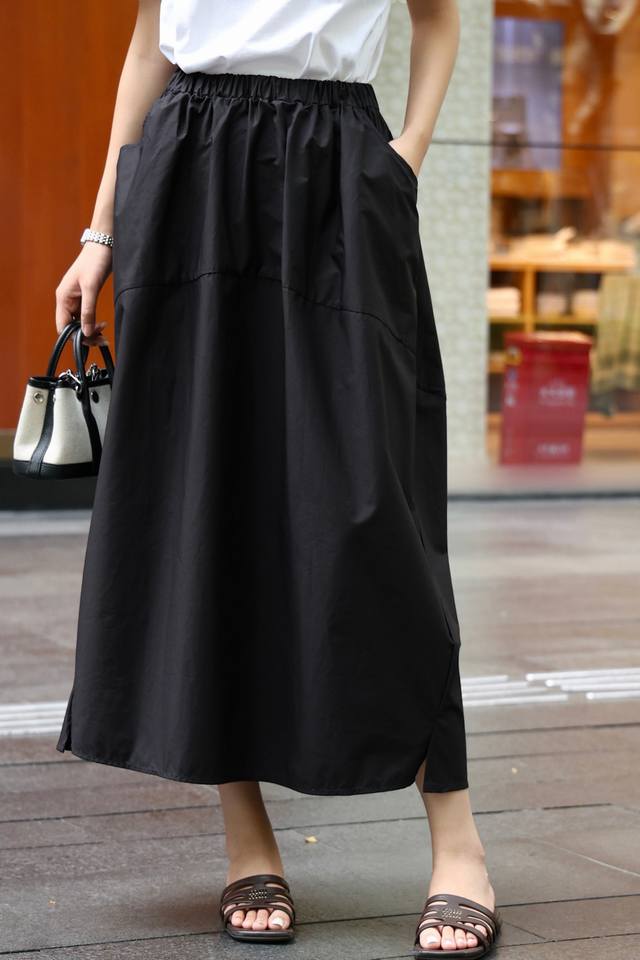 爆款上新 弧形轮廓黑色松紧腰伞裙 悬垂美感显瘦100%棉S-Xl