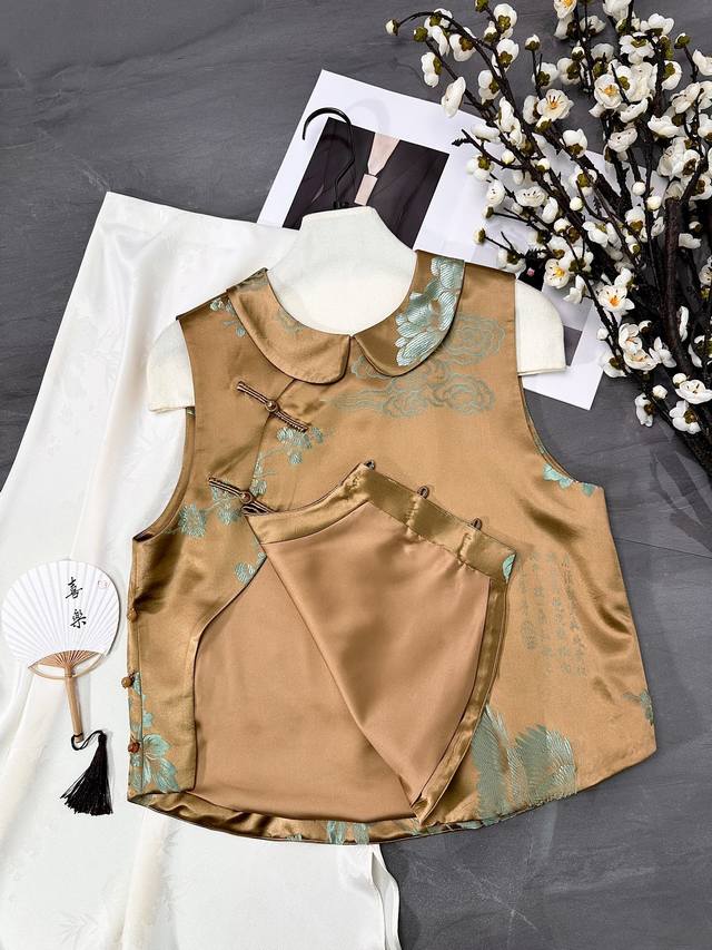 真丝老缎斜襟娃娃领手工盘扣马甲上衣,S- Xl