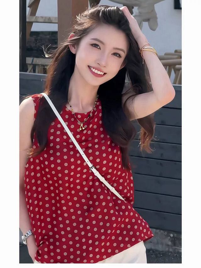 法式复古红色波点无袖衬衫女秋款夏季设计感小众宽松背心上衣香云纱面料Smlxl