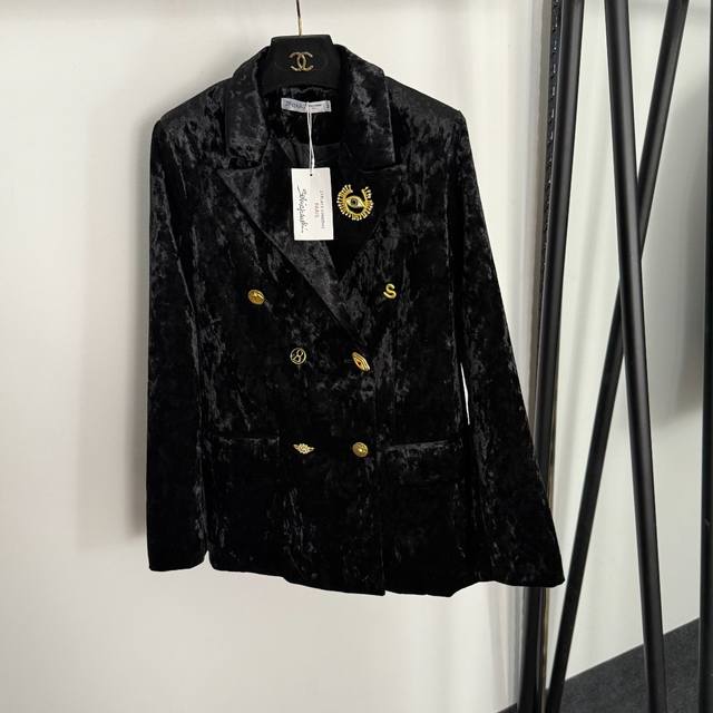 款号20255404 Schiaparelli*新款 高端定制金色异形纽扣 眼睛胸针装饰修身双排扣高档丝绒长袖西装外套，黑色，蓝色，Sml， M码；肩宽38，胸