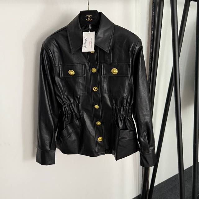款号20255381 Schiaparelli*新款 高端定制金色异形纽扣 腰部松紧收腰长袖pu皮衣 夹克外套，黑色，Sml， M码；肩宽42，胸围98，袖长6