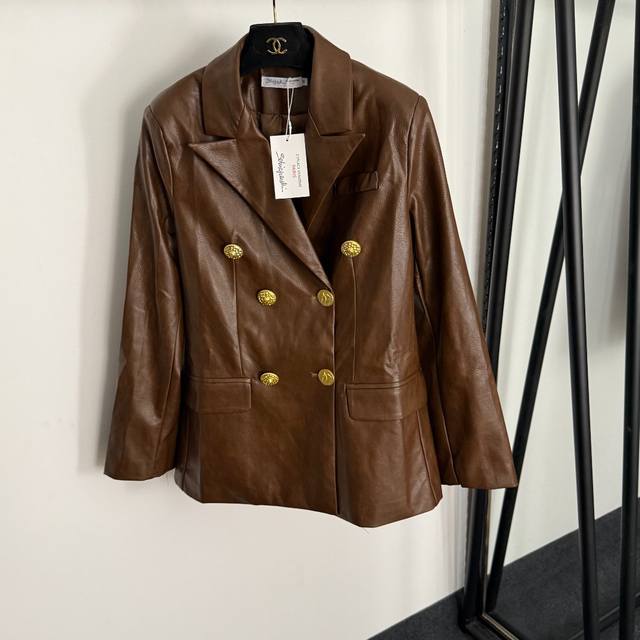 款号20255380 Schiaparelli*新款 定制和平鸽金色纽扣 修身双排扣长袖pu皮衣西装外套，棕色，黑色，Sml， M码；肩宽38，胸围98，袖长6