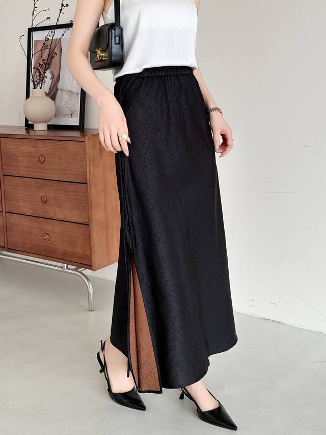 新款，超爆版双面双色人丝香云纱龟裂纹长半裙 侧开叉松紧腰，裙长95侧手工订中国结长绳，黑色Smlxlxxl